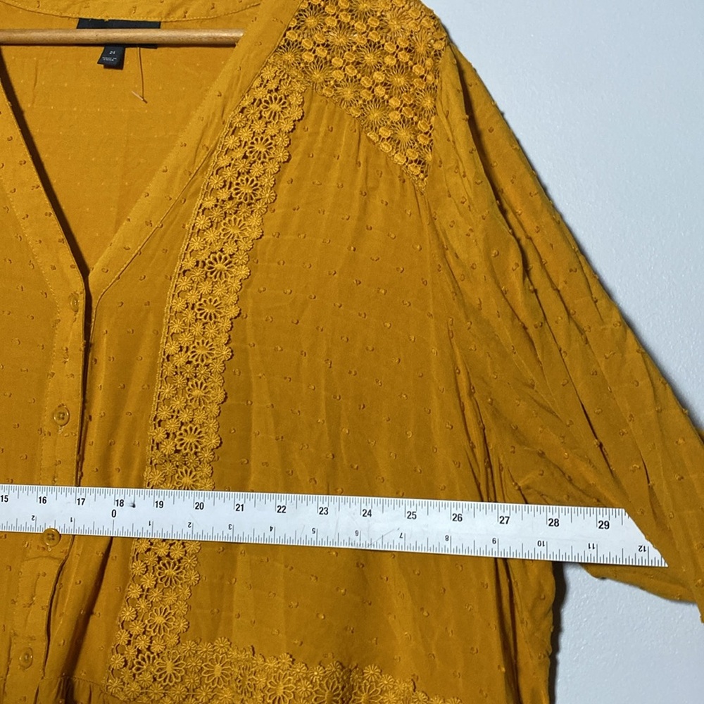 Lane Bryant Boho Blouse Women’s 24 Yellow Mustard V-Neck Button Up Lace Shirt - Picture 11 of 13